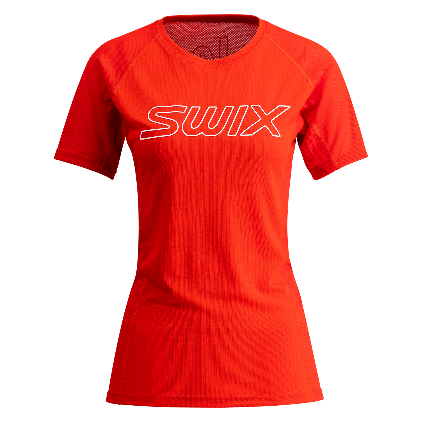 Red t-shirt with 'Swix' logo