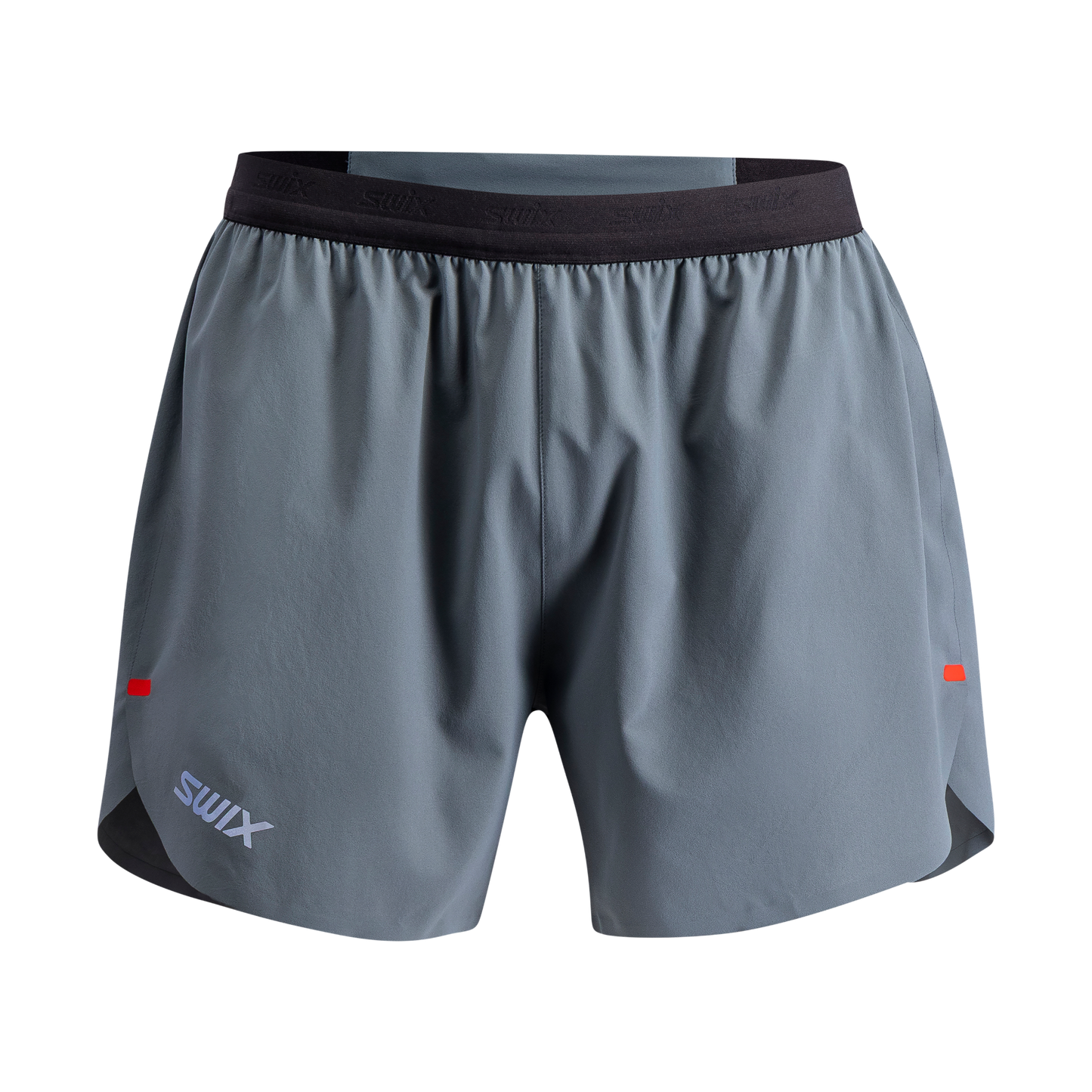 Gray athletic shorts with black waistband and red accents on a white background