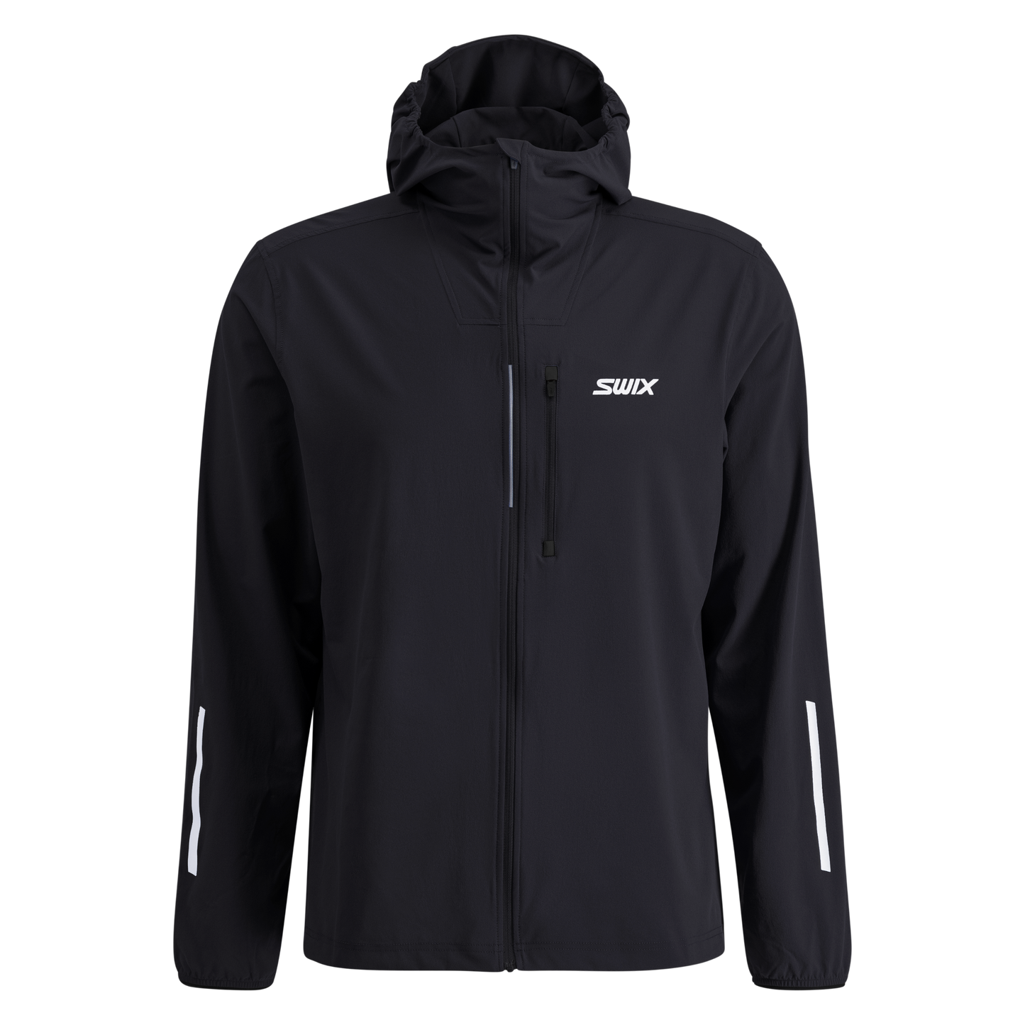 Black jacket with a hood and reflective stripes on a white background, featuring the Swix logo.
