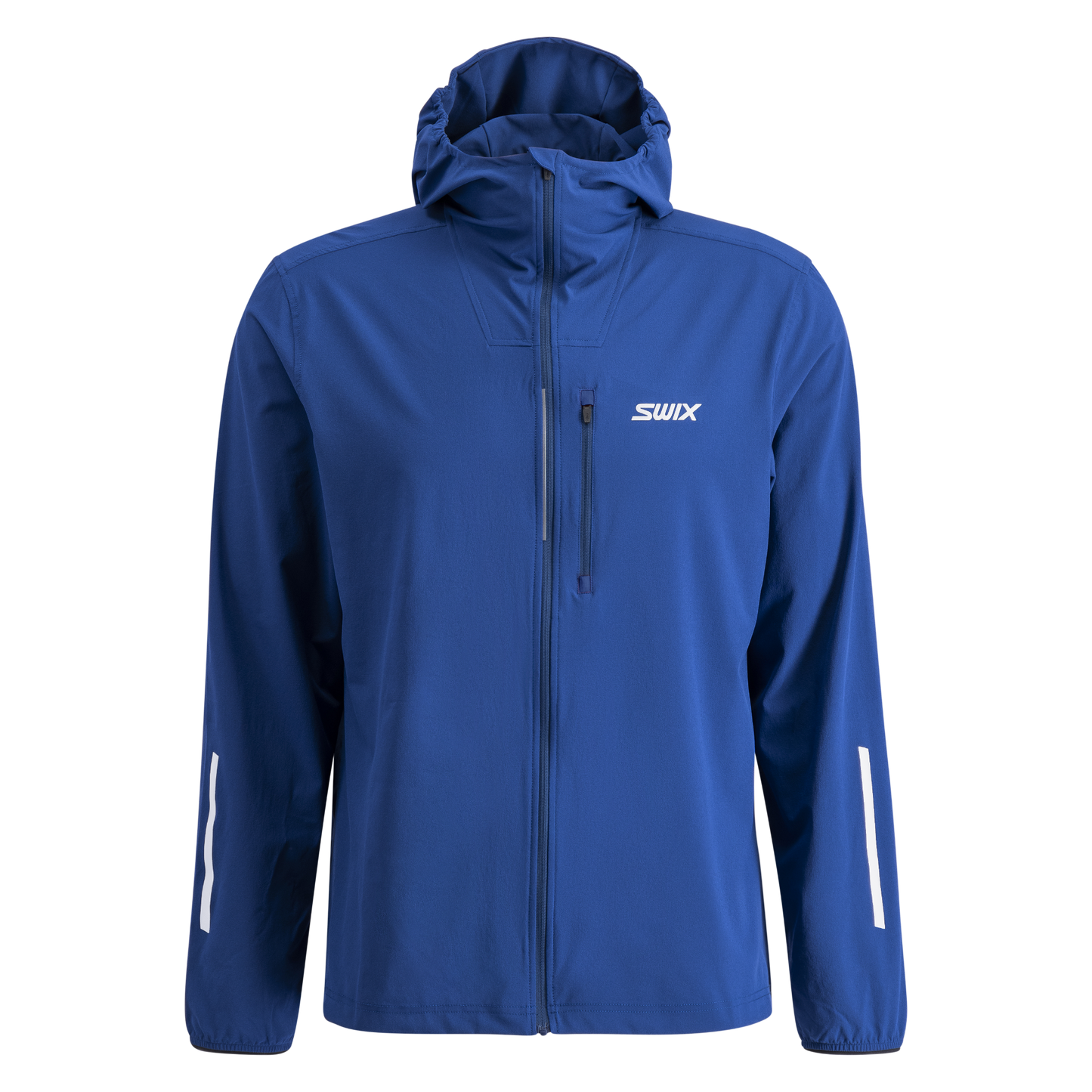 Blue jacket with a hood on a white background