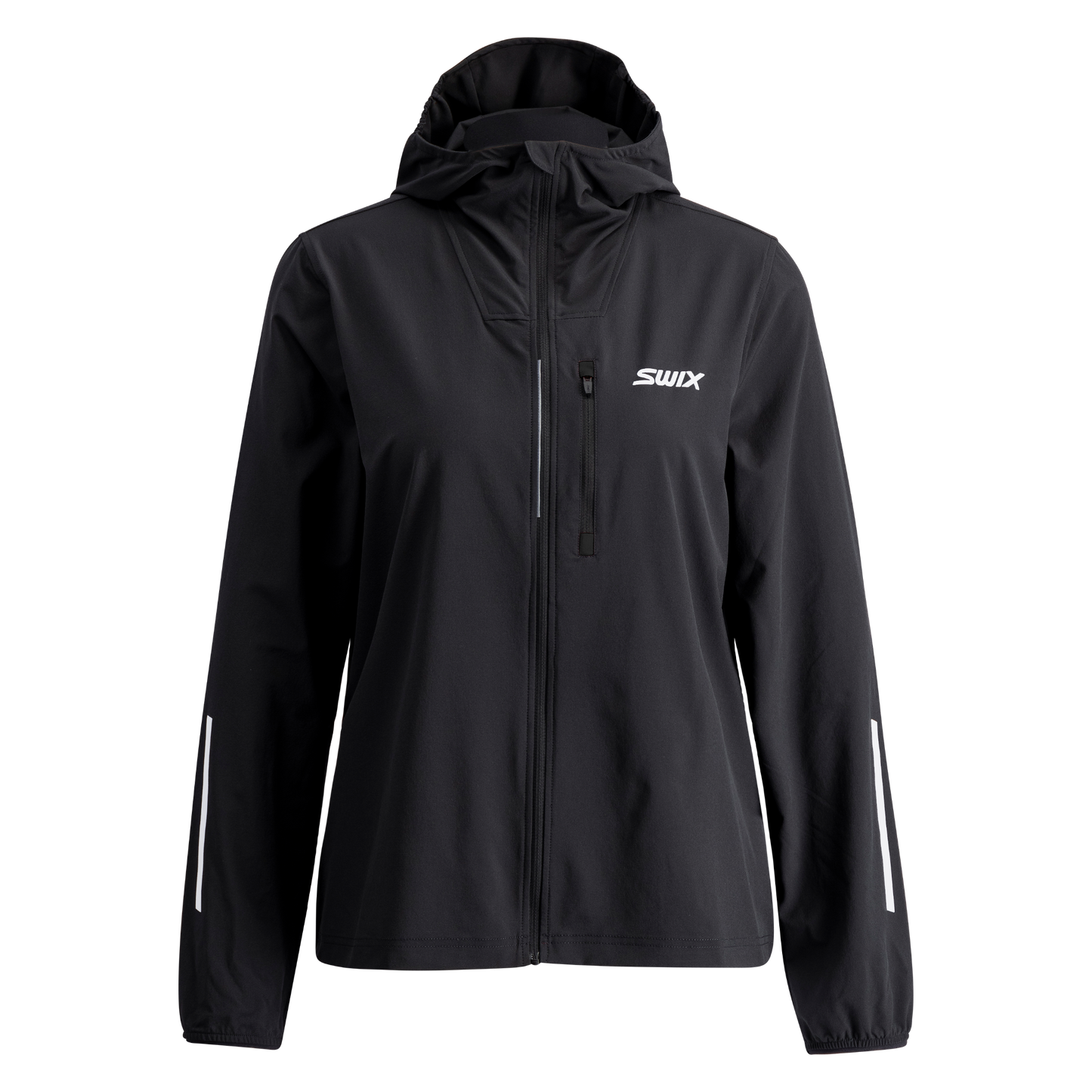 Swix running black jacket for women with a hood on a white background