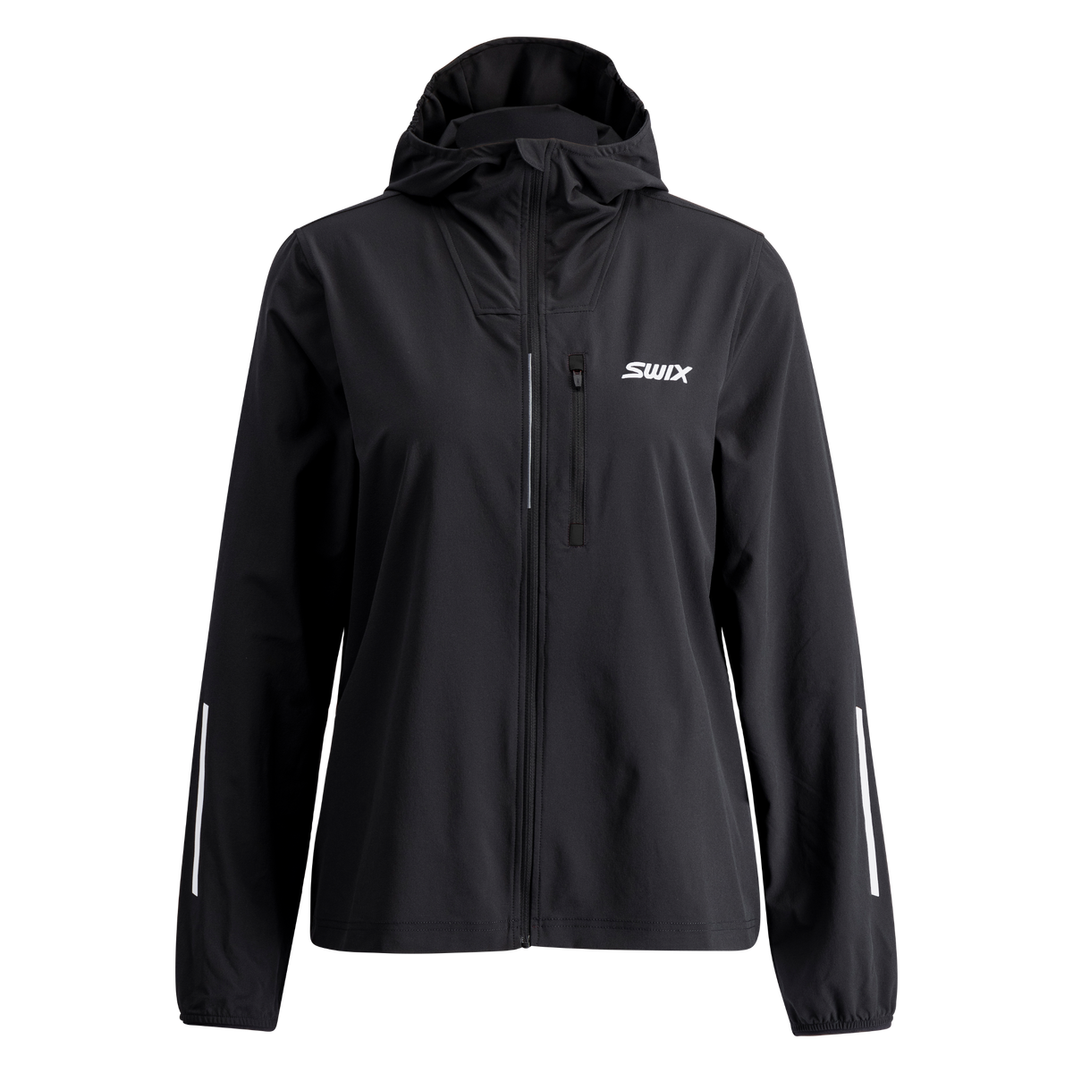 Swix running black jacket for women with a hood on a white background