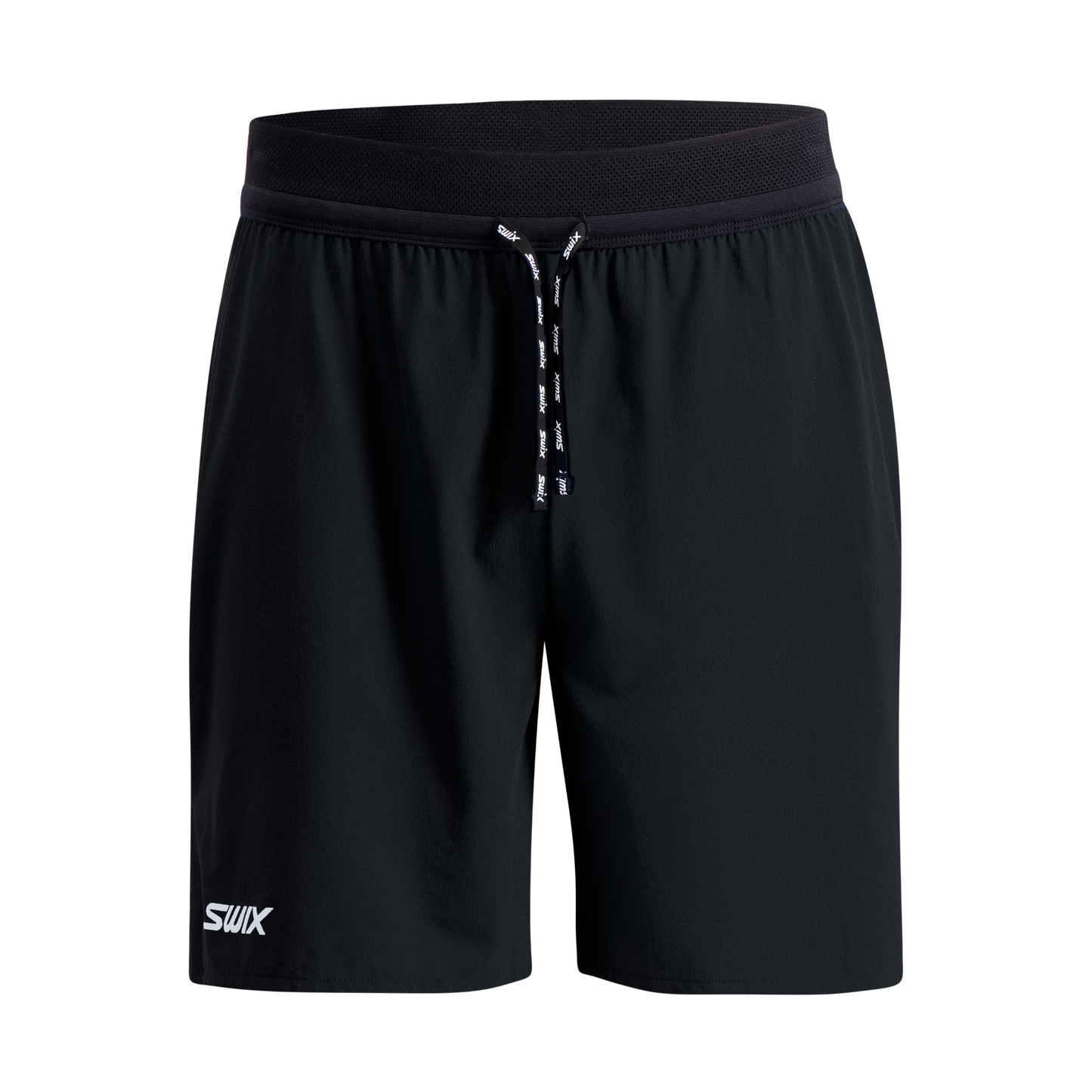 Black shorts with a brand logo on a white background