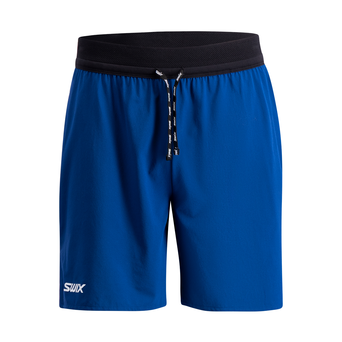 Blue shorts with a black waistband on a white background