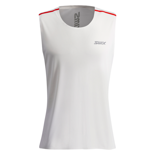 White sleeveless shirt with red accents and 'Swix' branding on a white background