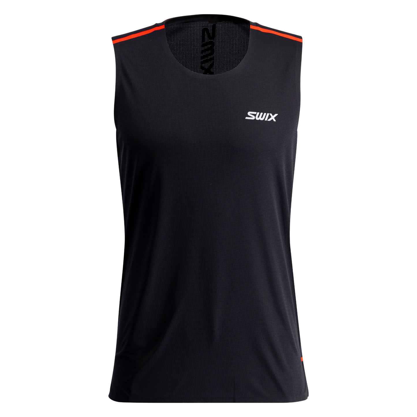 Black sleeveless athletic shirt with red accents on a white background