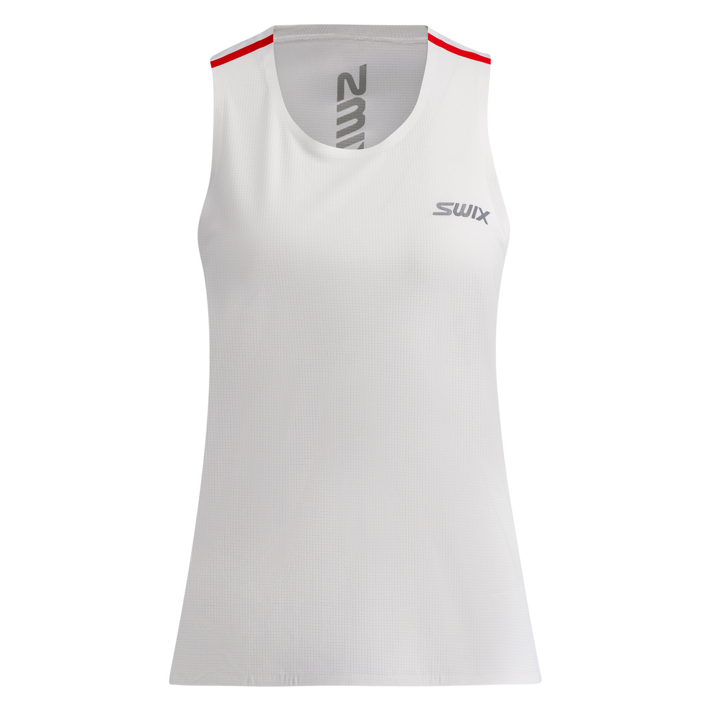 White sleeveless athletic top with red accents and branding on a white background