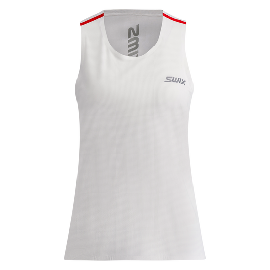White sleeveless athletic top with red accents and branding on a white background