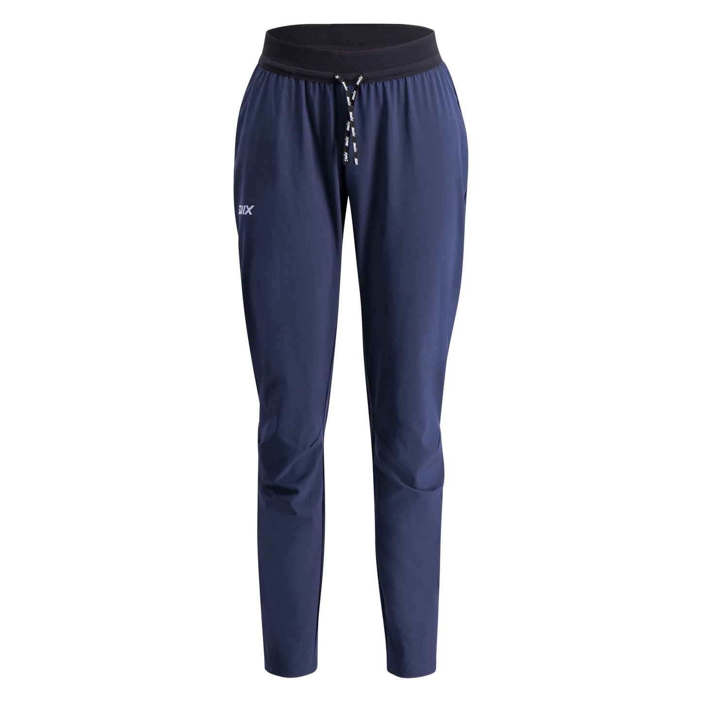 Navy blue athletic pants with a black waistband on a white background