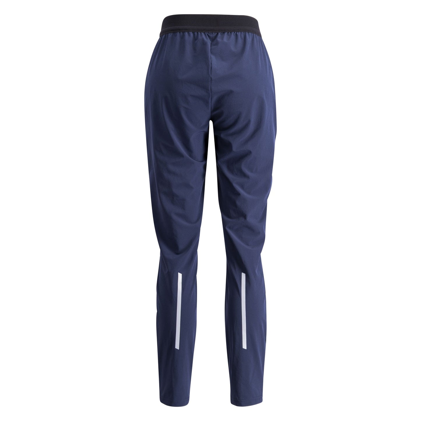 Navy blue running pants with reflective stripes on a white background