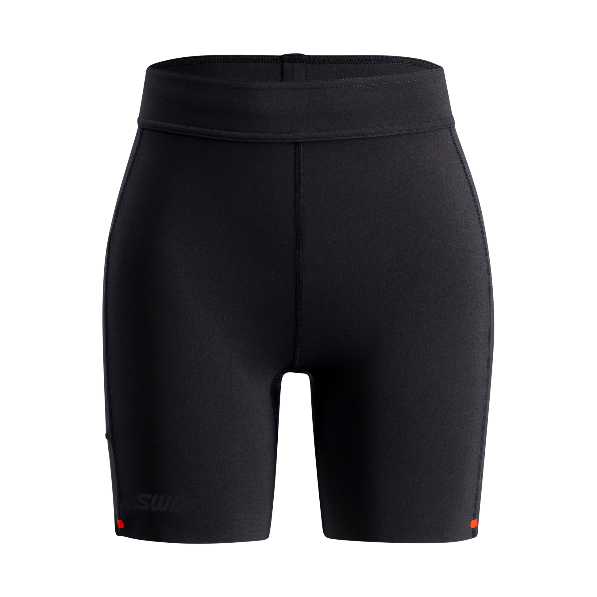 Black athletic shorts with a brand logo on a white background