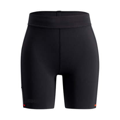 Black athletic shorts with a brand logo on a white background