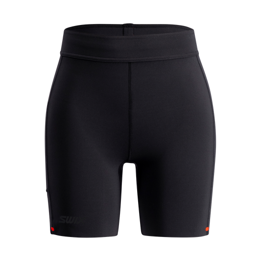 Black athletic shorts with a brand logo on a white background