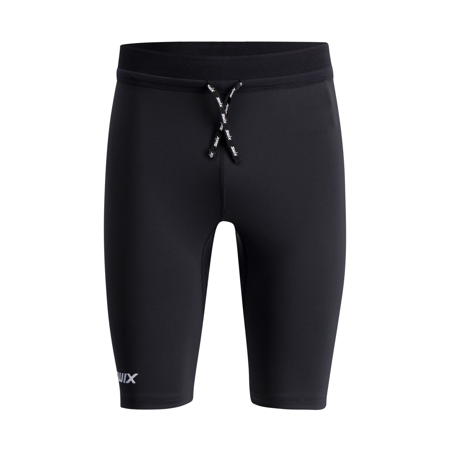 Black athletic shorts with a brand logo