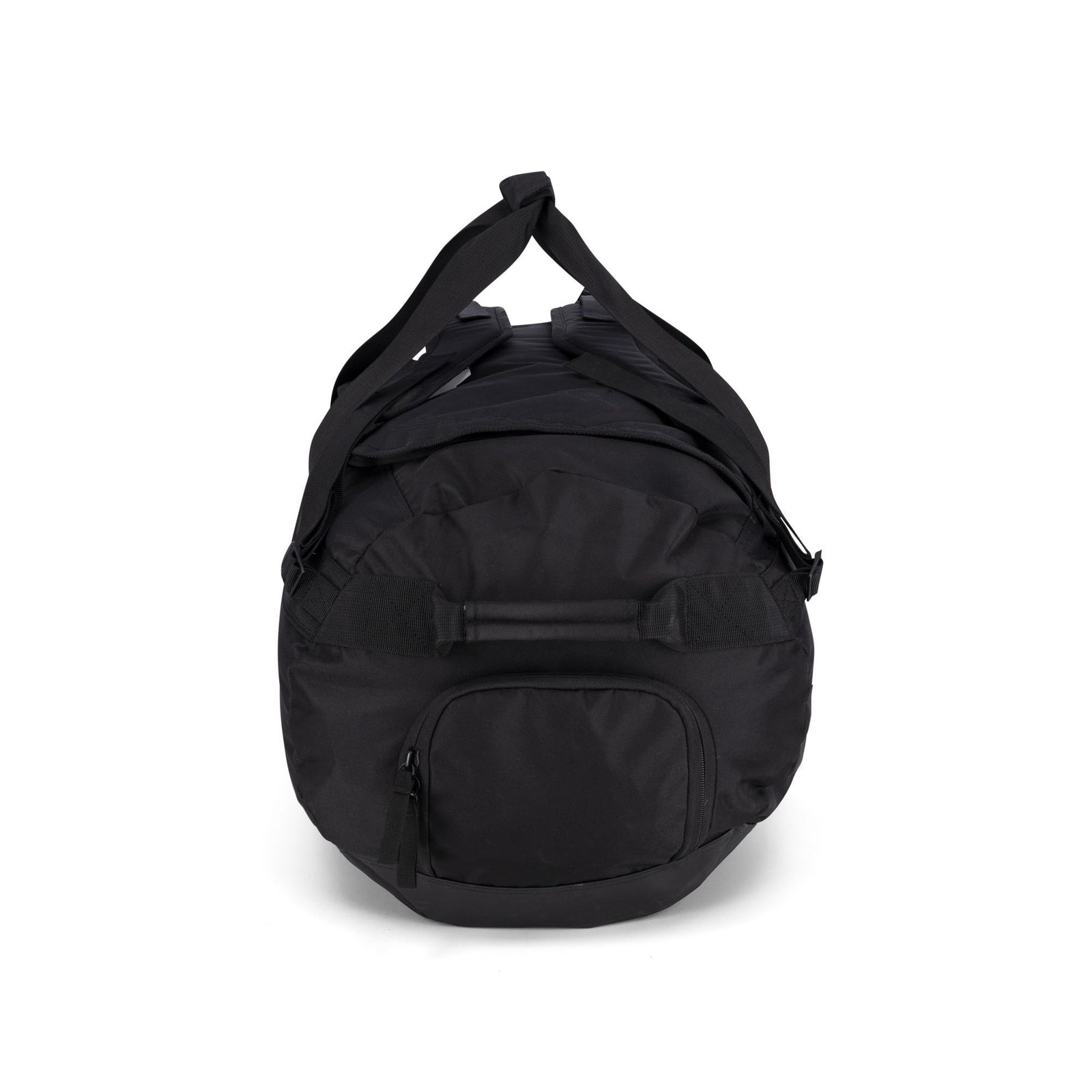Black duffel bag on a white background