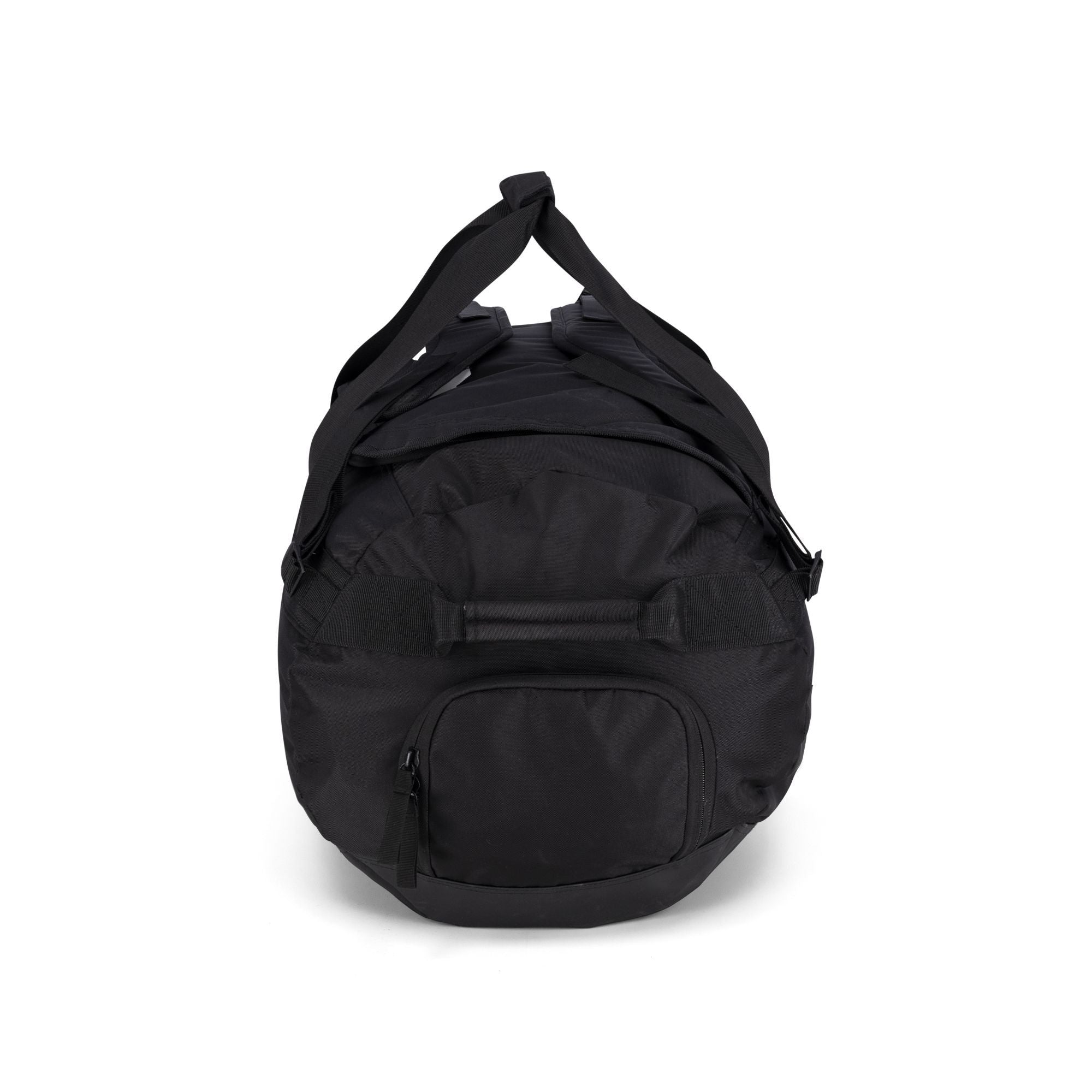 Black duffel bag on a white background